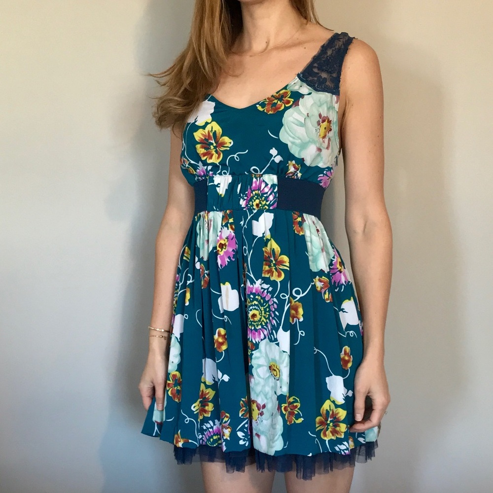 Free People Blue Floral Lace and Tulle Mini Dress